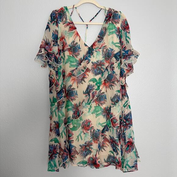 Anthropologie Soft Printed Mini Dress Flutter Sleeves Watercolor Floral Size 2X - Picture 1 of 13